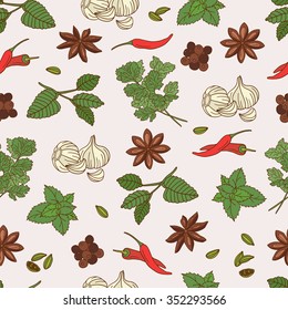 Set of fresh spices and herbs hand drawn seamless pattern. Design background vector. Colorful illustration with vegetables icons. Decorative wallpaper, good for printing