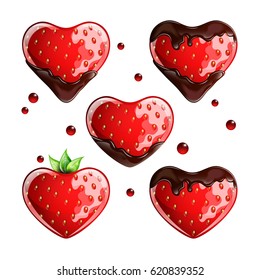 Set of fresh strawberries with chocolate on white background. Vector illustration.