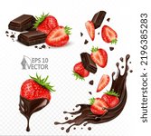 Set with fresh strawberries in delicious chocolate sauce. Ripe berries falling into choco splash. 3d realistic vector illustration isolated on white background