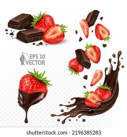 Está decorado con fresas frescas en una deliciosa salsa de chocolate. Bayas maduras cayendo en salpicaduras de choco. 3.ª ilustración vectorial realista aislada en fondo blanco