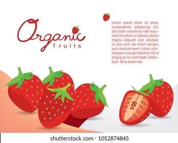 Set of fresh strawberries on the white and pink red curve background with hand written text "Organic". There is blank space for copy writing.