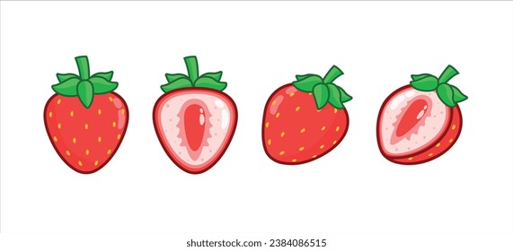 Set of fresh strawberries, whole and half strawberry in different views. Vector illustration of red berries.
