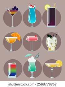 Set of fresh summer alcoholic cocktails in a vector. Colorful drinks in a flat style for a menu, web, or design. Beverages collection for aperitif