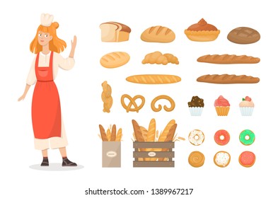 Set of fresh tasty bakery products. Seller in the uniform. Bread, cookies, baguette and other baked goods. Isolated vector illustration in cartoon style