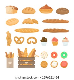 Set of fresh tasty bakery products. Bread, cookies, baguette and other baked goods. Isolated vector illustration in cartoon style