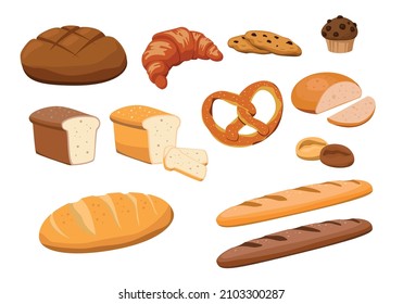 Set of fresh and tasty bakery products on white background. Vector rye and wheat bread, croissant, pretzel, muffin, roll, toast bread, baguette and cookies in cartoon style.