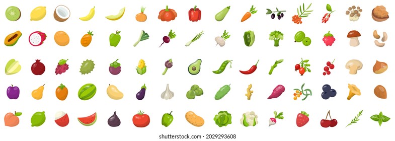 Set of fresh tasty fruits, berries, vegetables, mushrooms and nuts. Organic food full of vitamins. Fresh and healthy nutrition. Isolated vector illustration in cartoon style