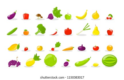 Set of fresh tasty fruits and vegetables. Delicious apple and banana, carrot and pepper. Healthy food. Isolated flat vector illustration