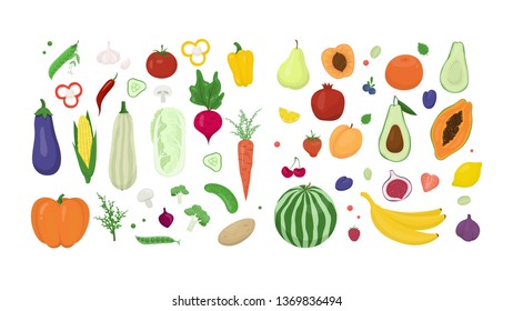 Set of fresh tasty fruits and vegetables. Delicious apple and banana, carrot and pepper. Healthy food. Vector illustration in cartoon style