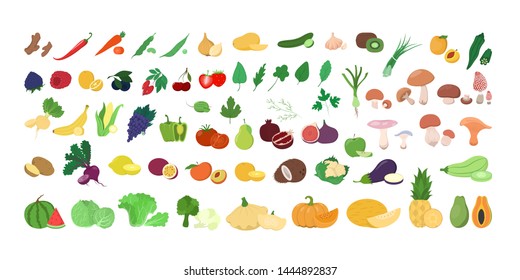 Set of fresh tasty fruits and vegetables. Delicious apple and banana, carrot and pepper. Healthy food. Isolated vector illustration in cartoon style