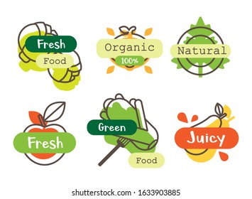 Set of fresh tasty fruits and vegetables icons. Idea of fresh and organic food. Advert and logo concept. Isolated vector illustration in cartoon style