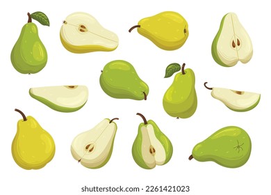 Set of Fresh And Tasty Pears. Sweet, Juicy And Crisp Ripe Pears of Yellow Or Green Colors. Whole and Sliced Fruits For Eating Fresh, Cooking And Baking, Source Of Vitamins. Cartoon Vector Illustration