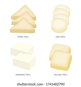 Set of Fresh Tofu and Bean Curd Slices. Organic and healthy food isolated element Vector illustration.