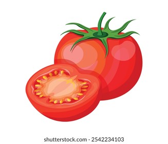 Set of fresh tomatoes in cartoon style. Vector illustration of delicious red tomatoes, whole and halves, with green stem, seeds isolated on white background. Useful vegetables.