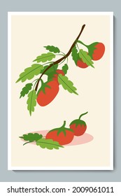 Eine Reihe frischer Tomaten auf dem Ast. Hand gezeichnet bunte Doodle Tomaten mit Blättern. Einfaches flaches Gemüse.