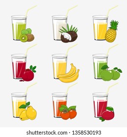 Set of Fresh Tropical Fruit Juices, Glass with Juice and a Straw Isolated on a White Background , Summer Time, Vector Illustration