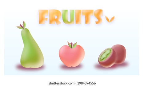 A set of fresh vector fruits in trendy 2022 style.  