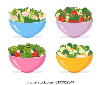 Set of fresh vegetable salads. Plates with eggs, tomatoes, shrimp, lettuce leaves and cheese. Healthy food or diet. Lunch or snack. Cartoon flat vector collection isolated on white background