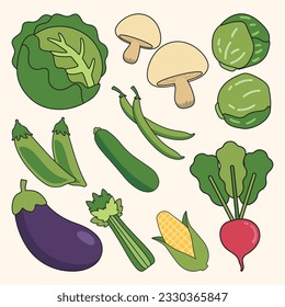 Set of Fresh Vegetable Simple Flat Line Illustration