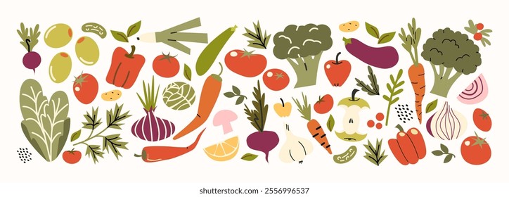 Set fresh vegetables. Agriculture produce, harvest. Ripe fresh organic food: tomatoes, cucumbers, broccoli, carrots, onions and other ingredients. Vegetarian stickers set