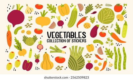 Set fresh vegetables. Agriculture produce, harvest. Ripe fresh organic food- tomatoes, cucumbers, broccoli, carrots, onions and other ingredients. Vegetarian stickers set