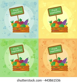 Set of fresh vegetables all seasons around. Template for card, flyer. Cartoon flat vector illustration. Objects isolated on a white background.