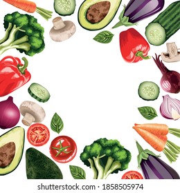 set of fresh vegetables around frame vector illustration design
