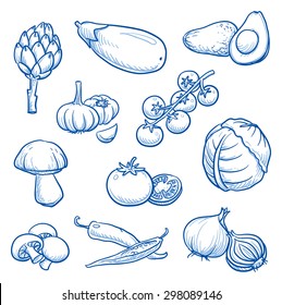 Set of fresh vegetables: aubergine, avocado, onion, garlic, artichoke, cabbage, penny bun, mushroom, hot peppers. Hand drawn doodle vector illustration.