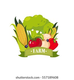 Set Of Fresh Vegetables With Banner Saying Farm, Farm And Farming Related Illustration In Bright Cartoon Style