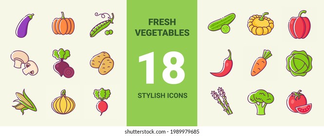 Set of fresh vegetables color icons. Healthy food concept. Vector stylish flat illustrations on yellow background.