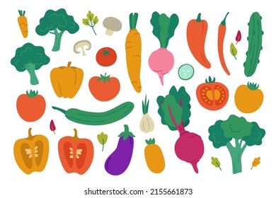 Set of fresh vegetables. Colored organic products isolated on white background. Vegan foods rich in vitamins hand drawn. Vector illustration in a flat style.