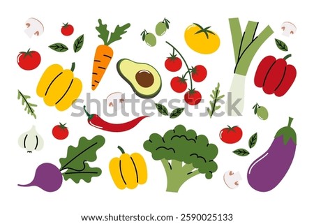Set of fresh vegetables. Colorful flat design of healthy food ingredients, organic farm produce, including tomato, pepper, carrot, avocado, broccoli, leek, eggplant, chili, mushroom, herbs, and more.