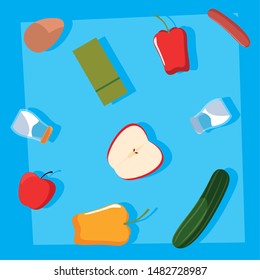 set of fresh vegetables with egg and sausage