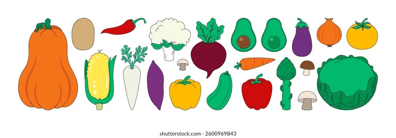 Set of fresh vegetables in flat style. Organic food, farm products, healthy food. Vector illustration 