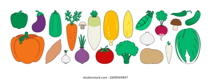 Set of fresh vegetables in flat style. Organic food, farm products, healthy food. Vector illustration 