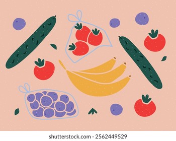 Set of Fresh Vegetables and Fruits. Includes Bananas, Tomatoes, Cucumbers, and Plums in Plastic Bags. Risograph Style with Grunge Texture. Healthy Food and Organic Concept. Flat Vector Illustration.