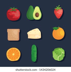 set of fresh vegetables and fruits nutrition
