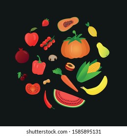 Set of fresh vegetables and fruits. Organic food, good for health. Vector illustration for banners, posters, covers, patterns, textiles.