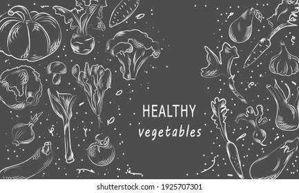 A set of fresh vegetables. Hand drawing in chalk on a dark background. White lines on a gray background. Healthy, vegan, vegetarian, organic, eco food. Vector illustration.