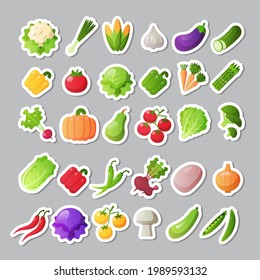 set fresh vegetables icons different stickers collection healthy food concept
