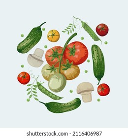 Conjunto de verduras frescas. Ilustración con textura de pincel. Patrón vectorial sin fisuras con tomates, pepino, arvejas, setas. Diseño colorido y luminoso con elementos vegetales aislados