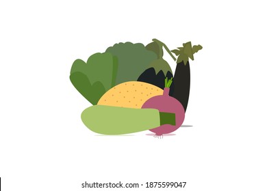 set of fresh  vegetables isolated on white background vector with brinjal, potato, onion, broccoli and lettuce illustration.