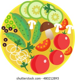 Set of fresh vegetables on the plate. Vegetarian food. Vector. Icon