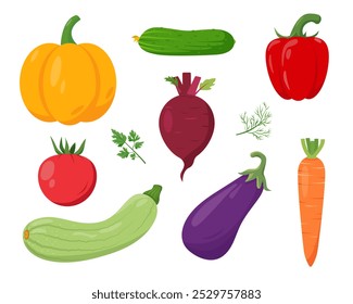 Frisches Gemüse. Kürbis-, Auberginen- und Zucchini-, Tomaten- und Paprika-, Gurken-, Karotten- und Rübensymbole. Bio-Gemüse vegetarische Ernährung. Vektorgrafik einzeln auf weißem Hintergrund.