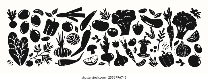 Set fresh vegetables silhouettes. Agriculture produce, harvest. Pattern ripe fresh organic food: tomatoes, cucumbers, broccoli, carrots, onions and other ingredients. Vegetarian stickers set