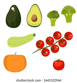 Set of fresh vegetables. Tomato, avocado, zucchini, pumpkin, broccoli. 