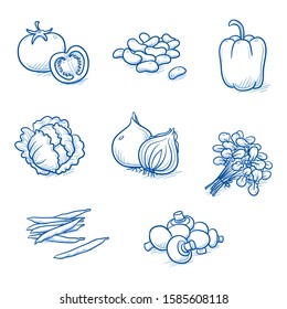 Set of fresh vegetables: tomato, beans, onion, pepper, cabbage, watercress and mushrooms. Hand drawn doodle vector illustration.