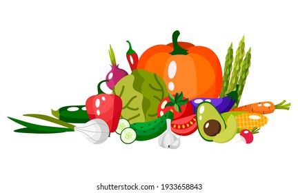  Set of fresh vegetables.Flat design. Organic farm illustration. Healthy lifestyle vector design elements.
