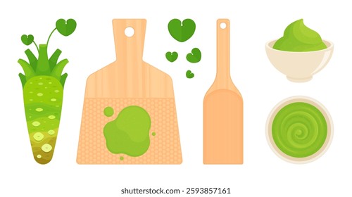 Set of fresh wasabi root, leaf, traditional grater, scraper and bowl of Japanese horseradish paste. Asian cuisine, food, spicy condiment concept. Flat vector illustration isolated on white background