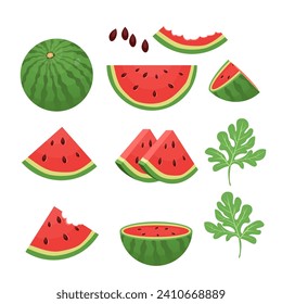 set of fresh watermelon fruit. whole fruit, half slices and triangles. watermelon bite marks. watermelon leaves. a series of illustrations on a white background.